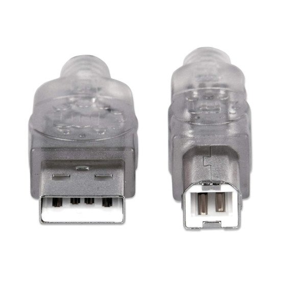 Manhattan Câble USB-A vers USB-B, 1,8 m, mâle à mâle, 480 Mbit/s (USB 2.0), argent translucide, garantie à vie, équivalent à USB2HAB6T