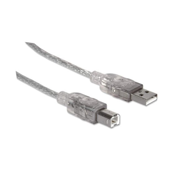 Manhattan Câble USB-A vers USB-B, 1,8 m, mâle à mâle, 480 Mbit/s (USB 2.0), argent translucide, garantie à vie, équivalent à USB2HAB6T