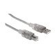Manhattan Câble USB-A vers USB-B, 1,8 m, mâle à mâle, 480 Mbit/s (USB 2.0), argent translucide, garantie à vie, équivalent à USB2HAB6T