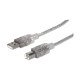 Manhattan Câble USB-A vers USB-B, 1,8 m, mâle à mâle, 480 Mbit/s (USB 2.0), argent translucide, garantie à vie, équivalent à USB2HAB6T