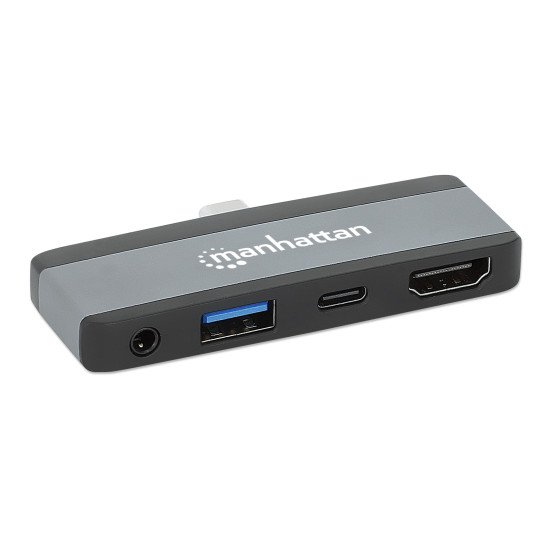 Manhattan Dock/hub de voyage USB-C, 4 ports : HDMI, USB-A, USB-C et audio 3,5 mm, avec Power Delivery (PD) 100 W - nécessite un chargeur USB-C externe (non inclus). Alimenté par USB (aucune alimentation externe requise) lorsque le PD n'est pas utilisé