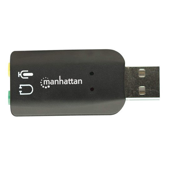 Manhattan Adaptateur audio USB-A, USB-A vers jack 3,5 mm micro + sortie audio, 480 Mbit/s (USB 2.0), son 3D et surround virtuel 5.1, noir, garantie 3 ans