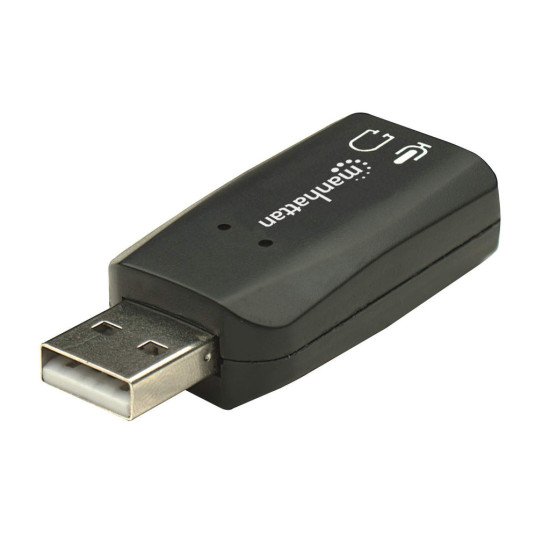 Manhattan Adaptateur audio USB-A, USB-A vers jack 3,5 mm micro + sortie audio, 480 Mbit/s (USB 2.0), son 3D et surround virtuel 5.1, noir, garantie 3 ans