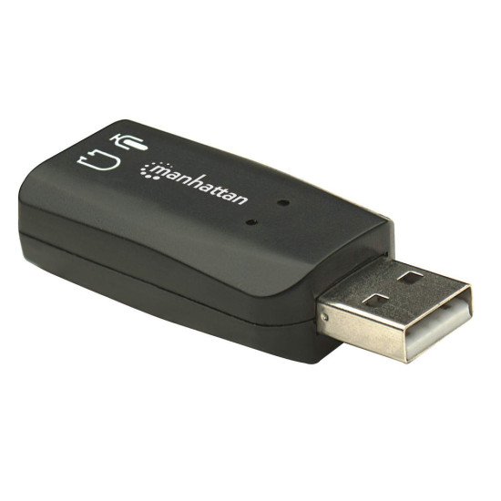 Manhattan Adaptateur audio USB-A, USB-A vers jack 3,5 mm micro + sortie audio, 480 Mbit/s (USB 2.0), son 3D et surround virtuel 5.1, noir, garantie 3 ans
