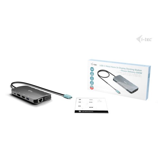 i-tec USB-C Metal Nano 3x Display (DP, HDMI and VGA) Docking Station + Power Delivery 100 W