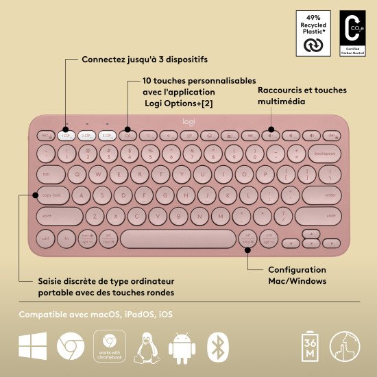 Logitech Pebble Keys 2 K380s clavier RF sans fil + Bluetooth AZERTY Français Rose