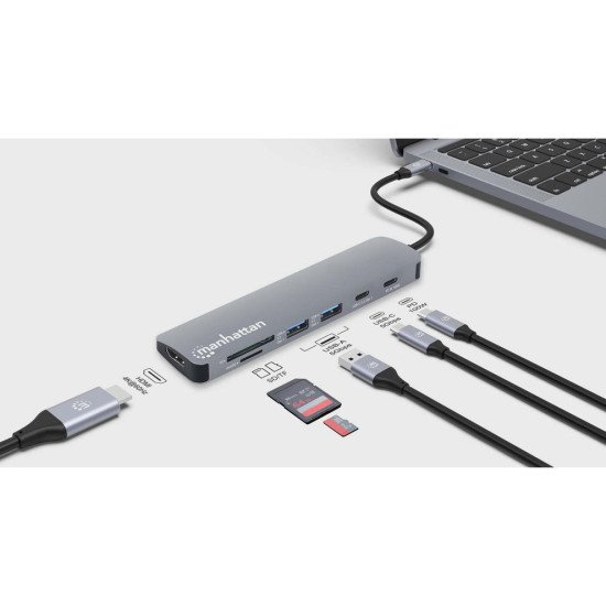 Manhattan Dock/hub USB-C avec lecteur de cartes, 5 ports : HDMI, 2x USB-A + 2x USB-C, avec Power Delivery (PD) 100 W - nécessite un chargeur USB-C externe (non inclus). Alimenté par USB (aucune alimentation externe requise) lorsque le PD n'est pas utilisé