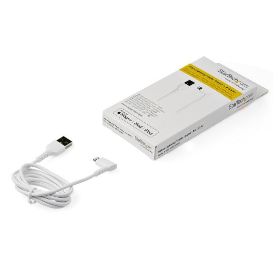 StarTech.com Câble USB-A vers Lightning Blanc Robuste 1m Coudé à 90° - Câble de Charge/Synchronisation USB Type A vers Lightning en Fibre Aramide Robuste et Résistante - Certifié Apple MFi - iPhone