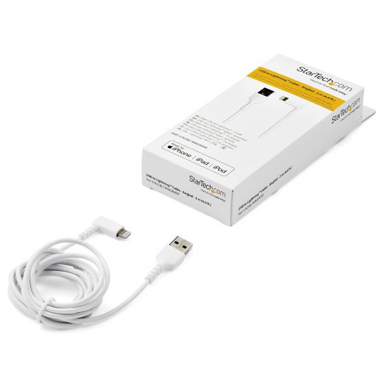 StarTech.com Câble USB-A vers Lightning Blanc Robuste 2m Coudé à 90° - Câble de Charge/Synchronisation USB Type A vers Lightning en Fibre Aramide Robuste et Résistante - Certifié Apple MFi - iPhone