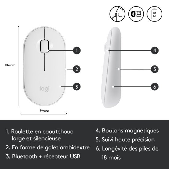 Logitech Pebble M350 souris RF Sans fil + Bluetooth Optique 1000 DPI Ambidextre