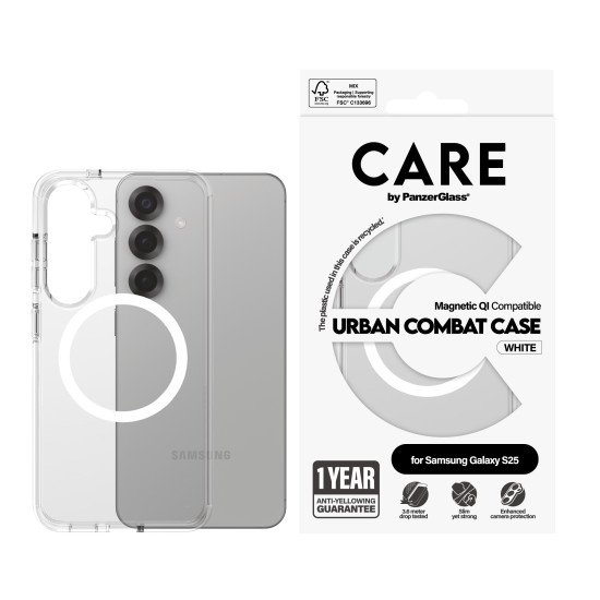 PanzerGlass CARE by ® Flagship Case Transparent Urban Combat w. White Qi Compatible Samsung Galaxy S25 coque de protection pour téléphones portables Housse PanzerGlass CARE by ® Flagship Case Transparent Urban Combat w. White Qi Compatible Samsung Galaxy S25 coque de protection pour téléphones portables Housse