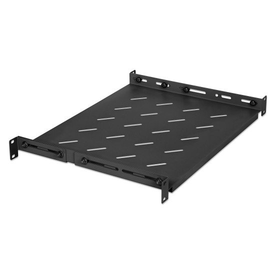 Intellinet Étagère fixe réglable 19", 1U, profondeur 350 mm, rails réglables de 350 à 550 mm, charge max. 20 kg, noire, garantie à vie