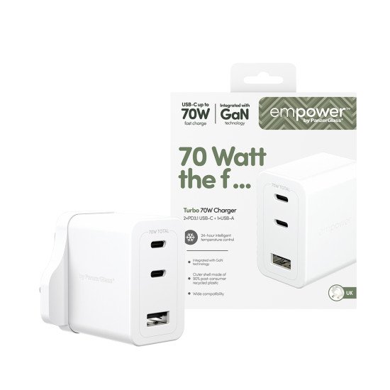 PanzerGlass empower by ® Turbo 70W Multiple Charger incl. 2 x USB-C + USB-A | UK Plug | Silver White Protection d'écran transparent Universel 1 pièce(s)