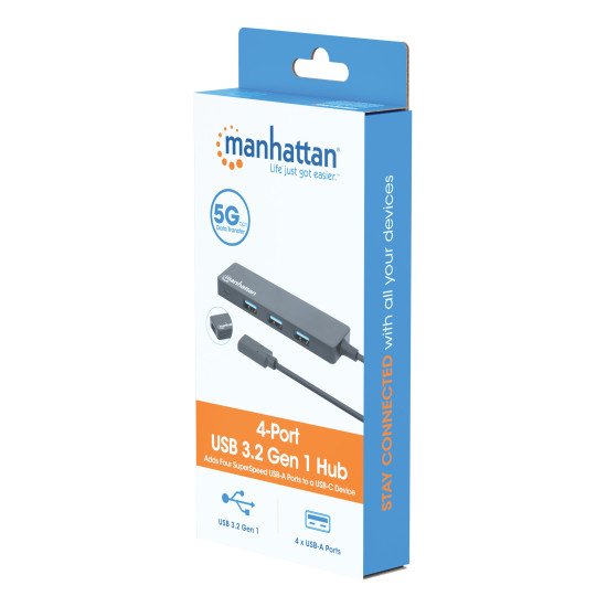 Manhattan Dock/hub USB-C, 4 ports : 4x USB-A, 5 Gbit/s (USB 3.0), Alimenté par USB (aucune alimentation externe requise), équivalent à HB30CM4AB