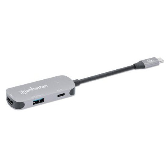 Manhattan Dock/hub USB-C, 3 ports : HDMI, USB-A, USB-C, avec Power Delivery (PD) 100 W - nécessite un chargeur USB-C externe (non inclus). Alimenté par USB (aucune alimentation externe requise) lorsque le PD n'est pas utilisé, aluminium