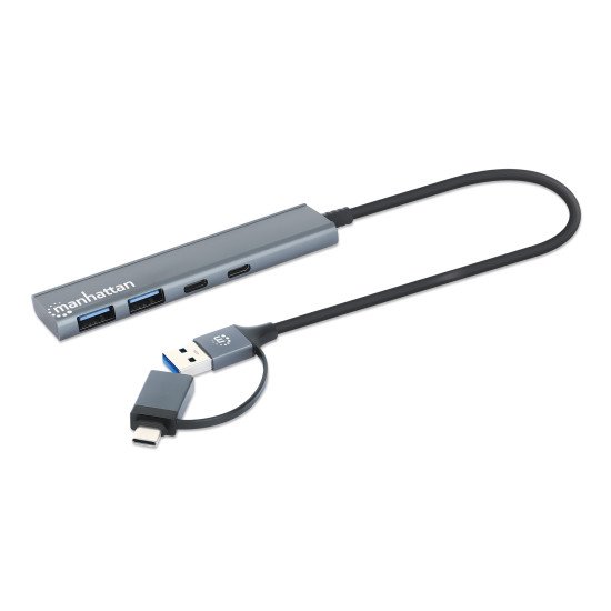 Manhattan Dock/hub combo USB-C & USB-A, 4 ports : 2x USB-A + 2x USB-C, 5 Gbit/s (USB 3.0), Alimenté par USB (aucune alimentation externe requise), aluminium
