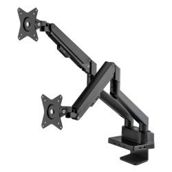 Manhattan Support de bureau double pour TV/moniteurs (bras à vérin gaz à Bras articulé) avec station d'accueil intégrée, écrans jusqu'à 27", Ethernet, HDMI x2, USB-A x3, USB-C, alimentation USB-C PD 100 W (Chargeur USB-C non inclus)