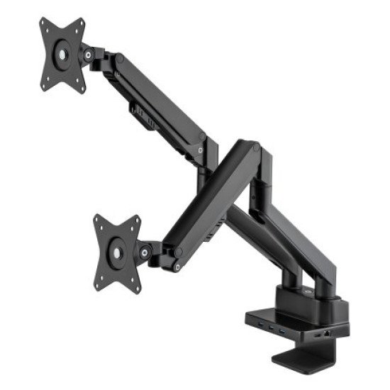 Manhattan Support de bureau double pour TV/moniteurs (bras à vérin gaz à Bras articulé) avec station d'accueil intégrée, écrans jusqu'à 27", Ethernet, HDMI x2, USB-A x3, USB-C, alimentation USB-C PD 100 W (Chargeur USB-C non inclus)