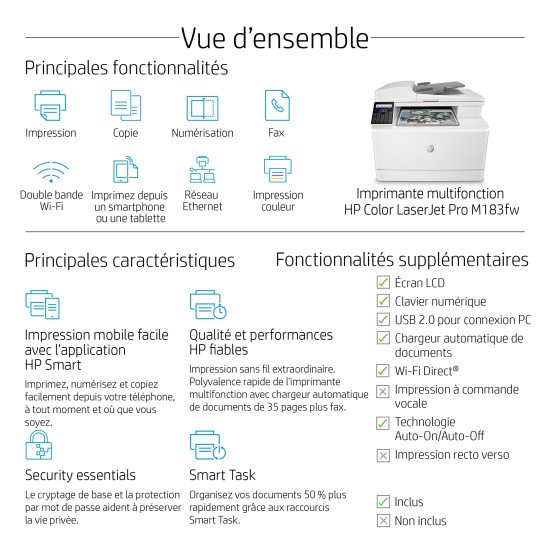 HP Color LaserJet Pro Imprimante multifonction M183fw, Impression, copie, scan, fax, Chargeur automatique de documents de 35 feuilles; Eco-énergétique; Sécurité renforcée; Wi-Fi double bande