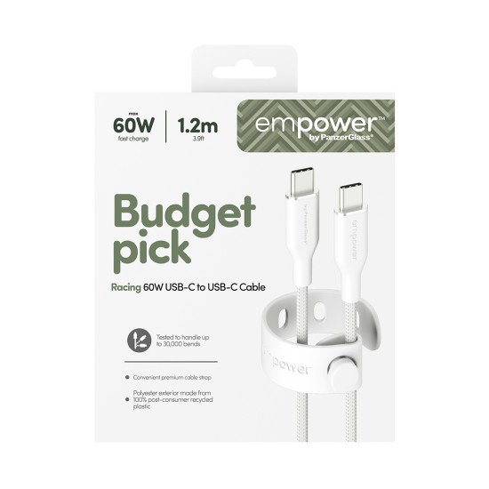 PanzerGlass empower by ® Racing 60W USB-C to USB-C Cable | USB 2.0 | 1.2M | Silver White câble USB Blanc
