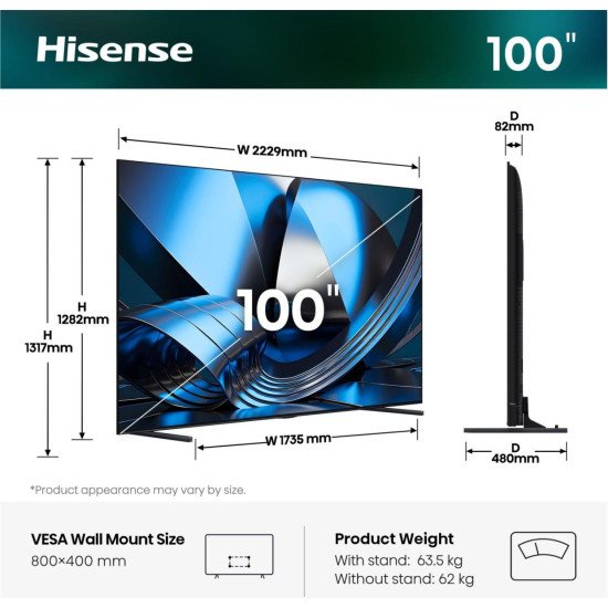 Hisense 100U7DSE 2,54 m (100") 4K Ultra HD Smart TV Wifi Noir