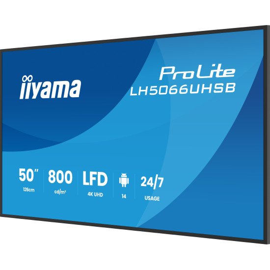 iiyama LH5066UHSB-B1AG Écran d'affichage dynamique Écran plat de signalisation numérique 127 cm (50") LCD Wifi 800 cd/m² 4K Ultra HD Noir Intégré dans le processeur Android 24/7