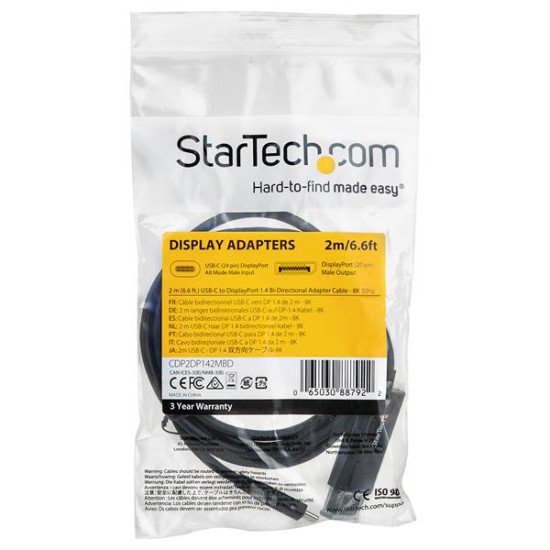 StarTech.com Câble USB Type-C vers DisplayPort 1.4 (bidirectionnel) - 2m - Adaptateur USB-C à DP