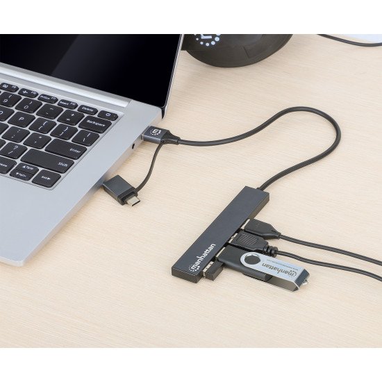 Manhattan Dock/hub combo USB-C & USB-A, 4 ports : 4x USB-A, 5 Gbit/s (USB 3.0), Alimenté par USB (aucune alimentation externe requise), câble 25 cm