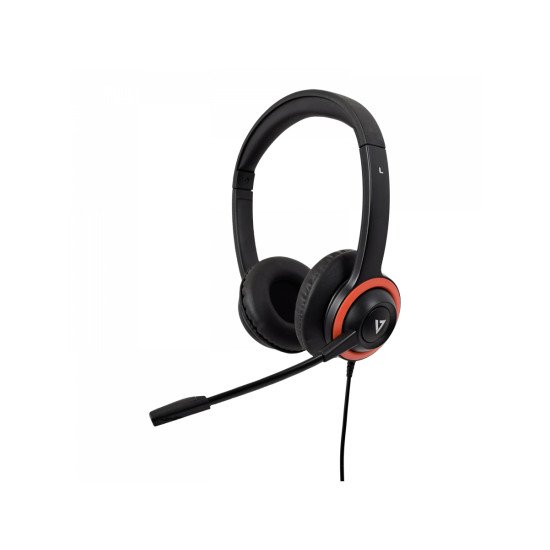 V7 Casque Safesound pour l'enseignement secondaire avec micro, volume max limité, antimicrobien, câble de 2 m, Notebook, Chromebook, PC - Noir, rouge