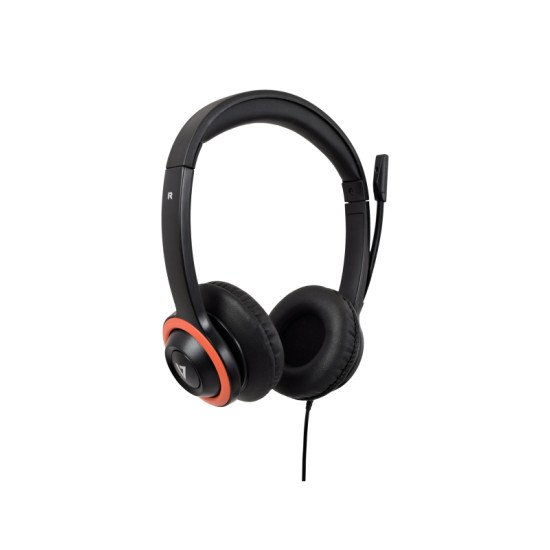 V7 Casque Safesound pour l'enseignement secondaire avec micro, volume max limité, antimicrobien, câble de 2 m, Notebook, Chromebook, PC - Noir, rouge