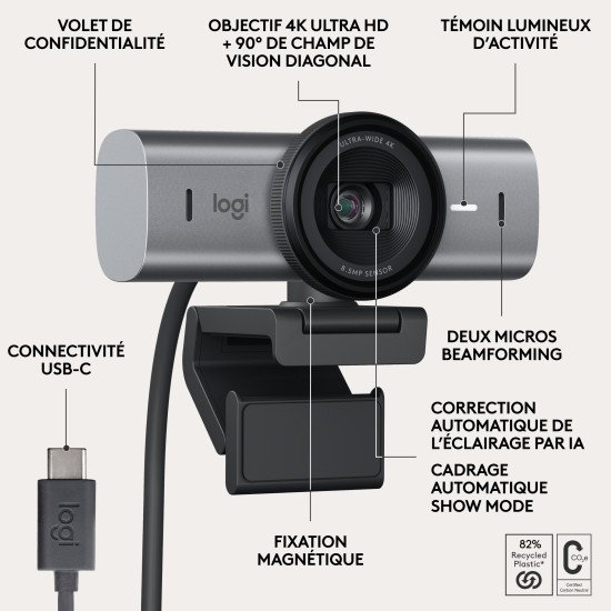Logitech MX Brio 705 for Business webcam 8,5 MP 4096 x 2160 pixels USB 3.2 Gen 1 (3.1 Gen 1) Aluminium, Noir