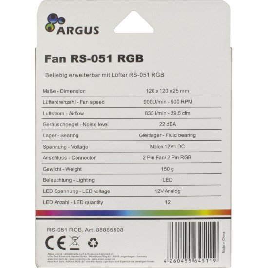 Inter-Tech Argus RS-051 RGB Ventilateur Boitier PC 12 cm Noir