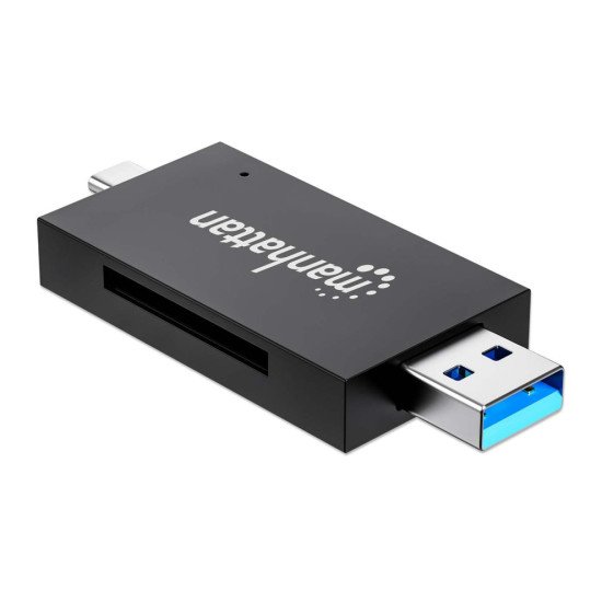 Manhattan Lecteur/enregistreur de cartes multiformat USB-A/USB-C, 5 Gbps (USB 3.0), connecteur mâle vers emplacements microSD et SD/MMC, format mini, compatible avec Windows ou Mac, noir/translucide, garantie de 3 ans