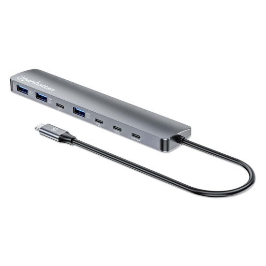 Manhattan Dock/hub USB-C, 7 ports : 3x USB-A + 4x USB-C, Pavec Power Delivery (PD) 100 W - nécessite un chargeur USB-C externe (non inclus). Alimenté par USB (aucune alimentation externe requise) lorsque le PD n'est pas utilisé, aluminium