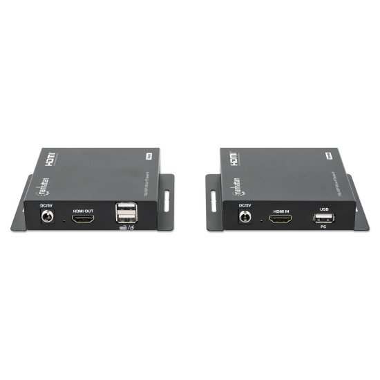 Manhattan Kit d'extension KVM HDMI 1080p sur IP, étend le signal 1080p@60 Hz jusqu'à 120 m via câble Ethernet Cat6 ou réseau IP, émetteur et récepteur, ports USB-A pour PC, souris et clavier, noir, garantie de 3 ans