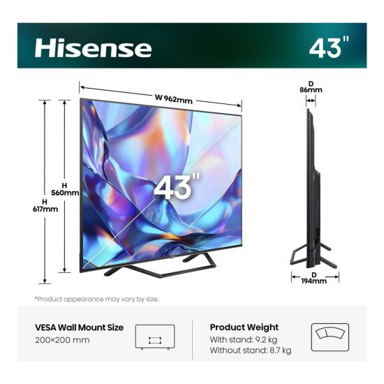 Hisense 43A7DS 109,2 cm (43") 4K Ultra HD Smart TV Wifi Noir