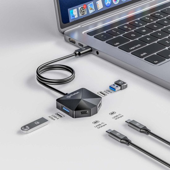 Manhattan Dock/hub combo USB-C & USB-A, 4 ports : 2x USB-A + 2x USB-C, 5 Gbit/s (USB 3.0), forme inclinée pour accès facile, Alimenté par USB (aucune alimentation externe requise)