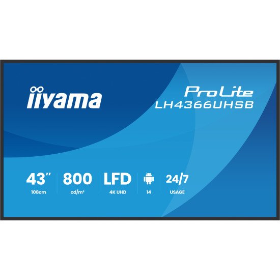 iiyama LH4366UHSB-B1AG Écran d'affichage dynamique Écran plat de signalisation numérique 109,2 cm (43") LCD Wifi 800 cd/m² 4K Ultra HD Noir Intégré dans le processeur Android 24/7