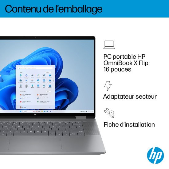 HP OmniBook X FlipNGAI 16-ar0771nb Copilot+ PC AMD Ryzen AI 7 350 Hybride (2-en-1) 40,6 cm (16") Écran tactile 2K 16 Go LPDDR5x-SDRAM 1 To SSD Wi-Fi 6E (802.11ax) Windows 11 Home Argent