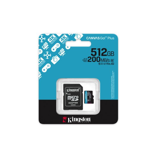 Kingston Technology Carte microSDXC Canvas Go Plus Gen4 200 Mo/s A2 U3 V30 512 Go + adaptateur