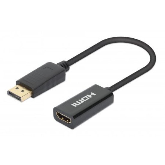 Manhattan Adaptateur actif DisplayPort 1.2 vers HDMI, 4K à 60 Hz, 15 cm, mâle vers femelle, DP avec verrouillage, non bidirectionnel, noir, garantie 3 ans, équivalent à DP2HD4K60S