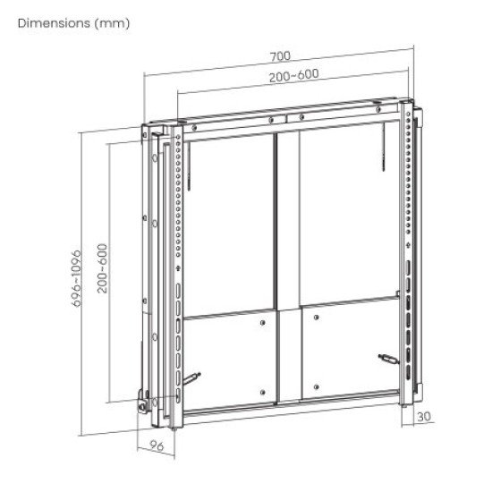 Manhattan Support mural pour téléviseurs et moniteurs de 55 à 75 pouces, hauteur réglable sans outil, VESA 200x200 à 600x600 mm, charge max. 65 kg, noir, vérifiez les quatre trous de montage au dos de l'écran