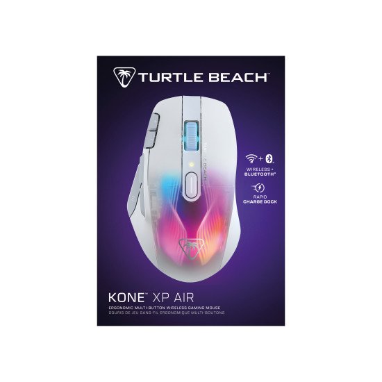 Turtle Beach Kone XP Air - Souris gaming RGB ergonomique, personnalisable et sans fil, Bluetooth, capteur optique 19 000 DPI, autonomie de batterie de 100 heures, station de charge, 29 entrées programmables, éclairage AIMO RGB, molette 4D Blanc