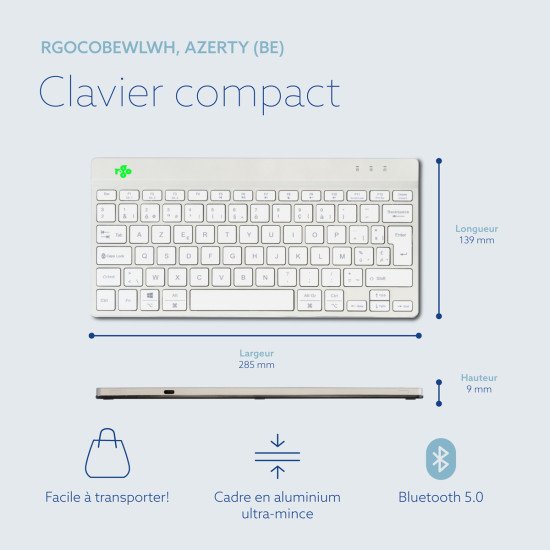 R-Go Tools Clavier ergonomique R-Go Compact Break, clavier compact avec logiciel de pause, AZERTY (BE), Bluetooth, blanc