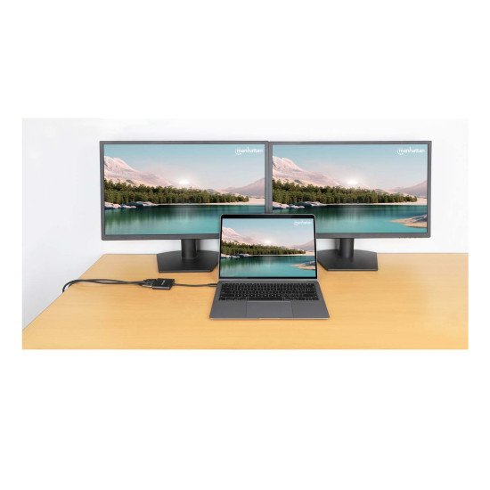 Manhattan Adaptateur USB-C vers double HDMI + USB-A, double 4K@30Hz ou 4K@60Hz (un écran), PD 100 W, 480 Mbit/s (USB 2.0), câble 15 cm, noir, garantie 3 ans
