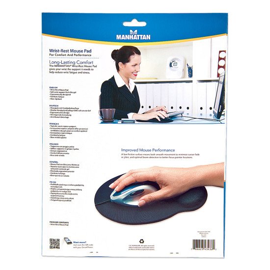 Manhattan Tapis de souris avec repose-poignet en gel, noir, 241 × 203 × 40 mm, base antidérapante, garantie à vie