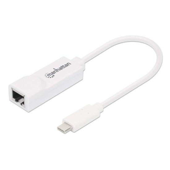 Manhattan Adaptateur USB-C vers Ethernet Gigabit, réseau 10/100/1000 Mbit/s, jusqu'à 2 Gbit/s en duplex intégral, RJ45, blanc, garantie 3 ans, équivalent à US1GC30W