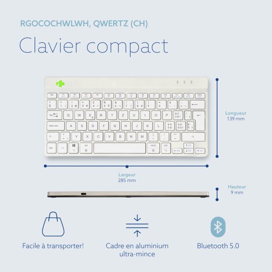 R-Go Tools Clavier ergonomique R-Go Compact Break, clavier compact avec logiciel de pause,QWERTZ (CH), Bluetooth, blanc