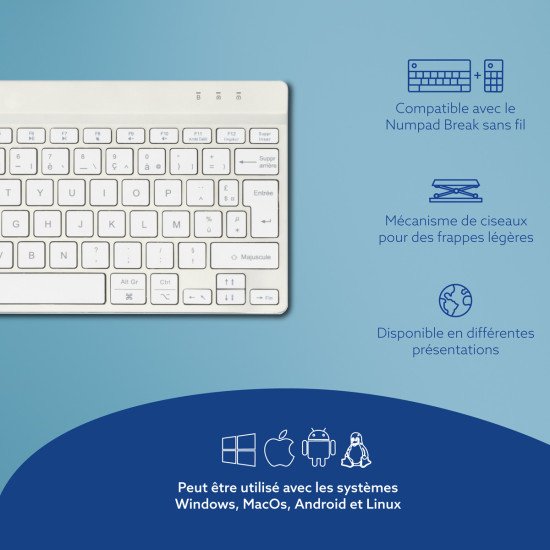 R-Go Tools Clavier ergonomique R-Go Compact Break, clavier compact avec logiciel de pause,AZERTY (FR), Bluetooth, blanc