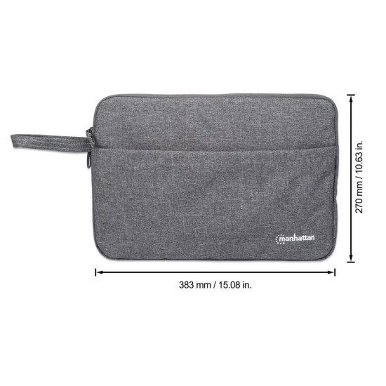 Manhattan Housse Seattle pour ordinateur portable 14,5", grise, rembourrée, intérieur ultra doux, compartiment principal à double zip, poche avant zippée, boucle de transport, résistante à l'eau, garantie 3 ans
